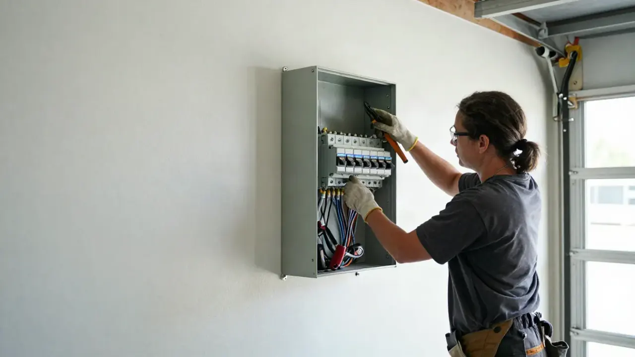 Electrical Panel Upgrade in Upland, California: electrician carefully mounting a new, gleaming 200-amp main breaker panel